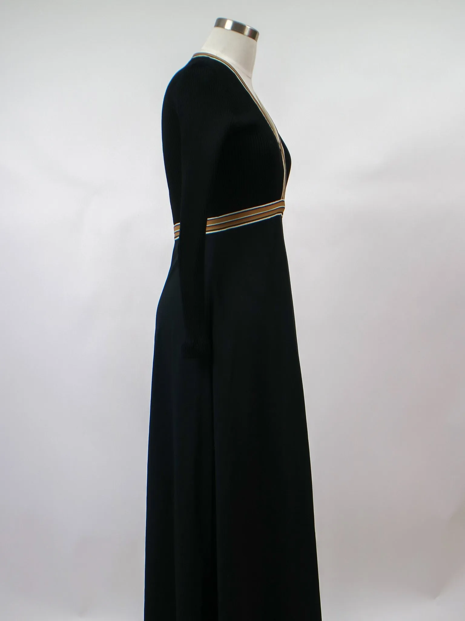 1970s Black Knit Maxi Dress with Gold Trim and V Neck