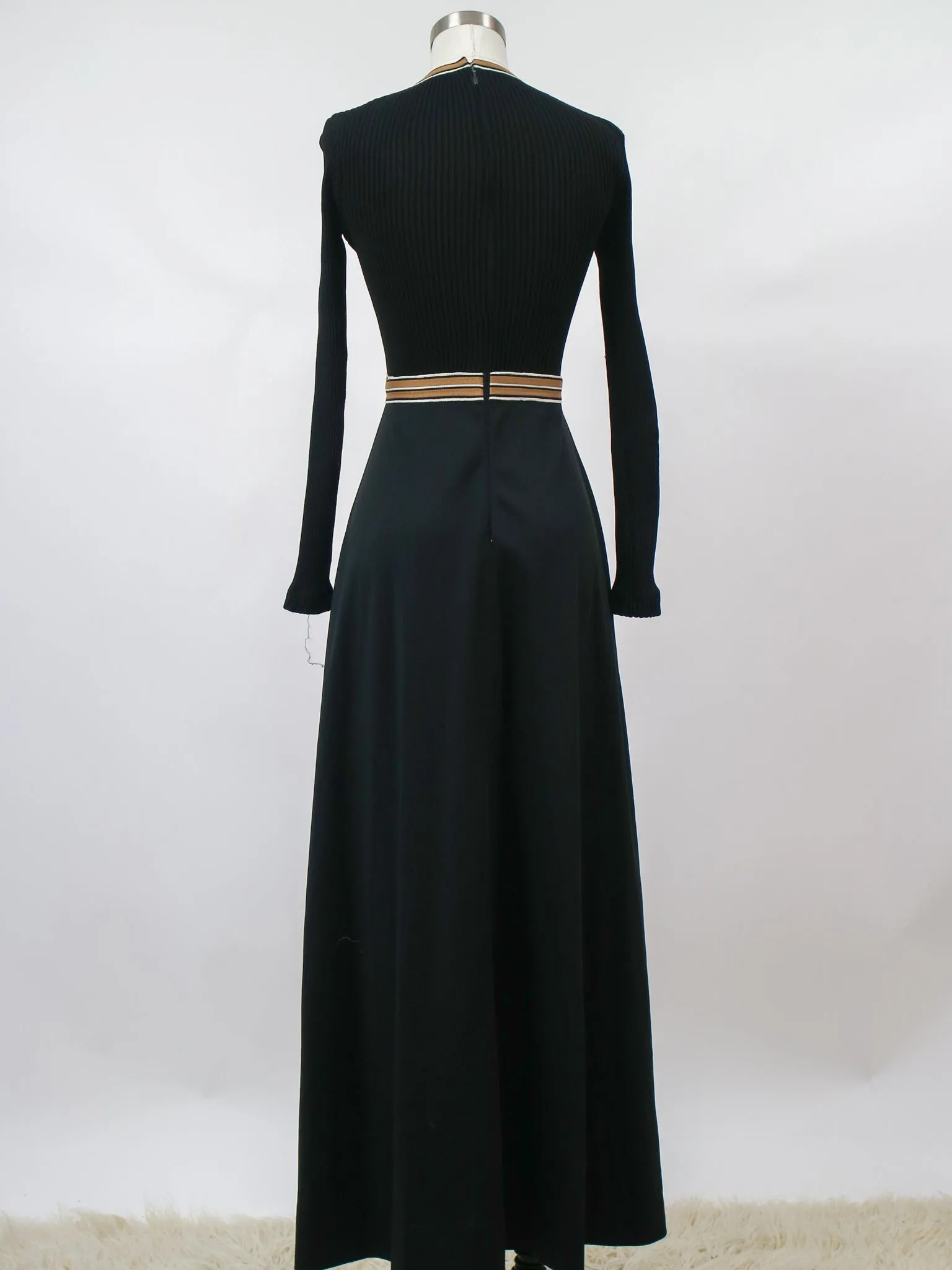 1970s Black Knit Maxi Dress with Gold Trim and V Neck