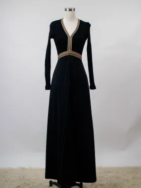 1970s Black Knit Maxi Dress with Gold Trim and V Neck