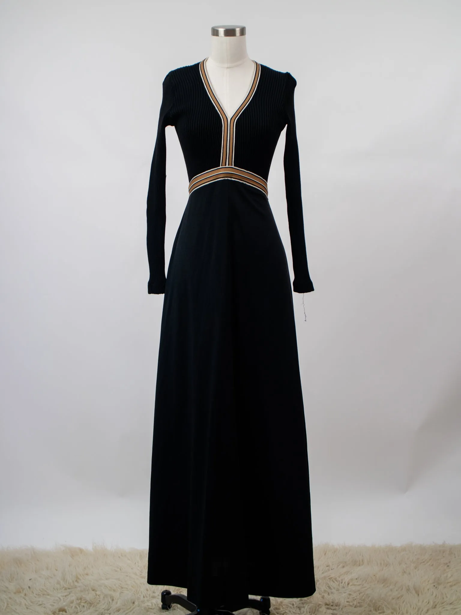 1970s Black Knit Maxi Dress with Gold Trim and V Neck