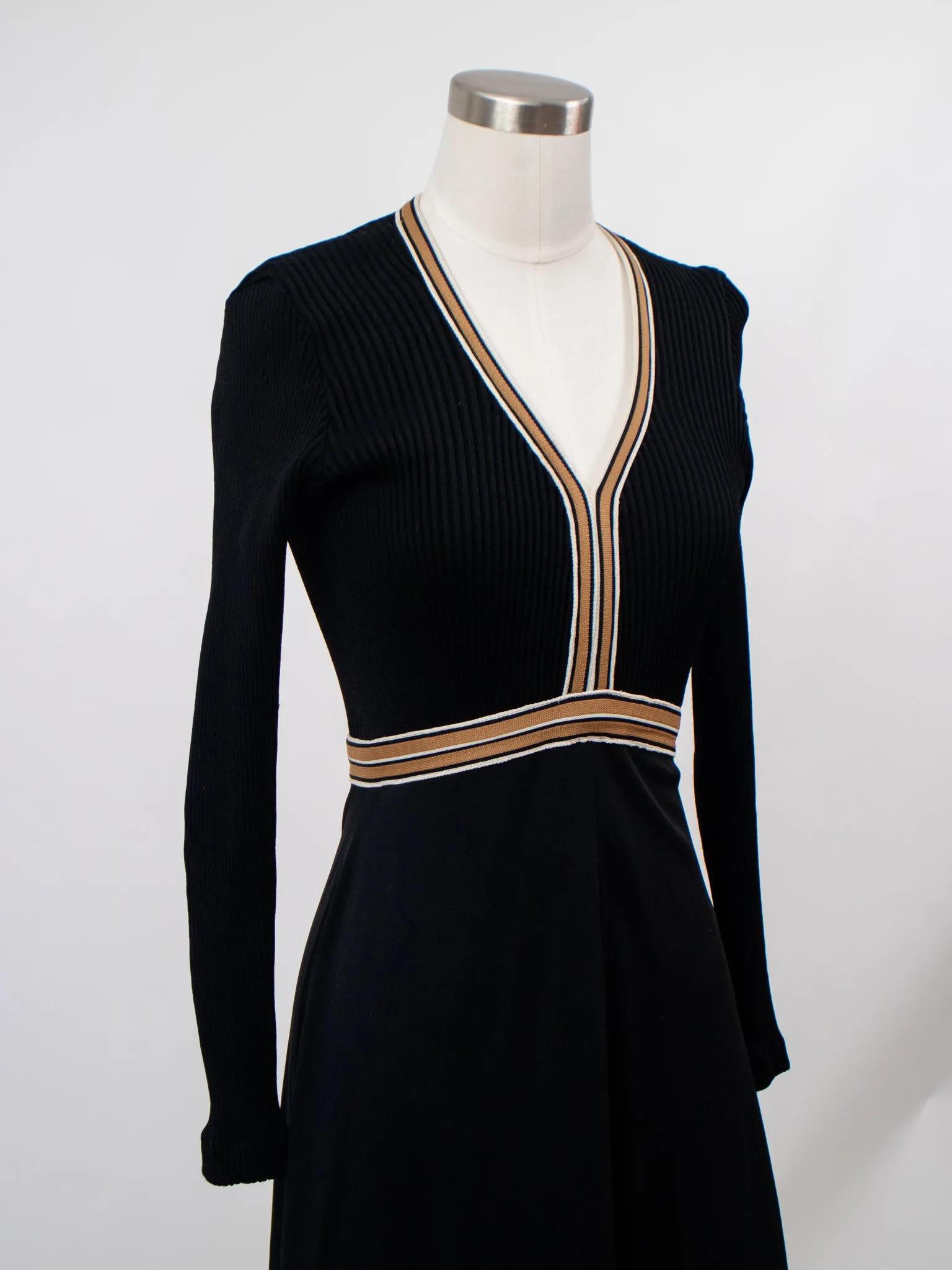 1970s Black Knit Maxi Dress with Gold Trim and V Neck