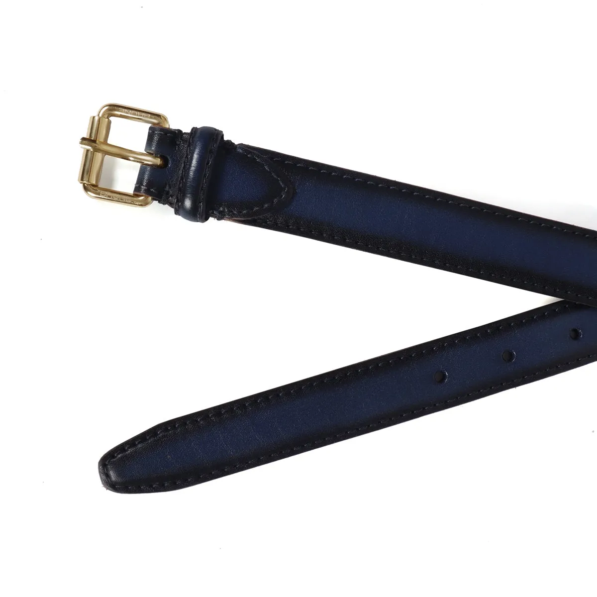 Antique Look Golden Buckle Ladies Belt In Blue Leather