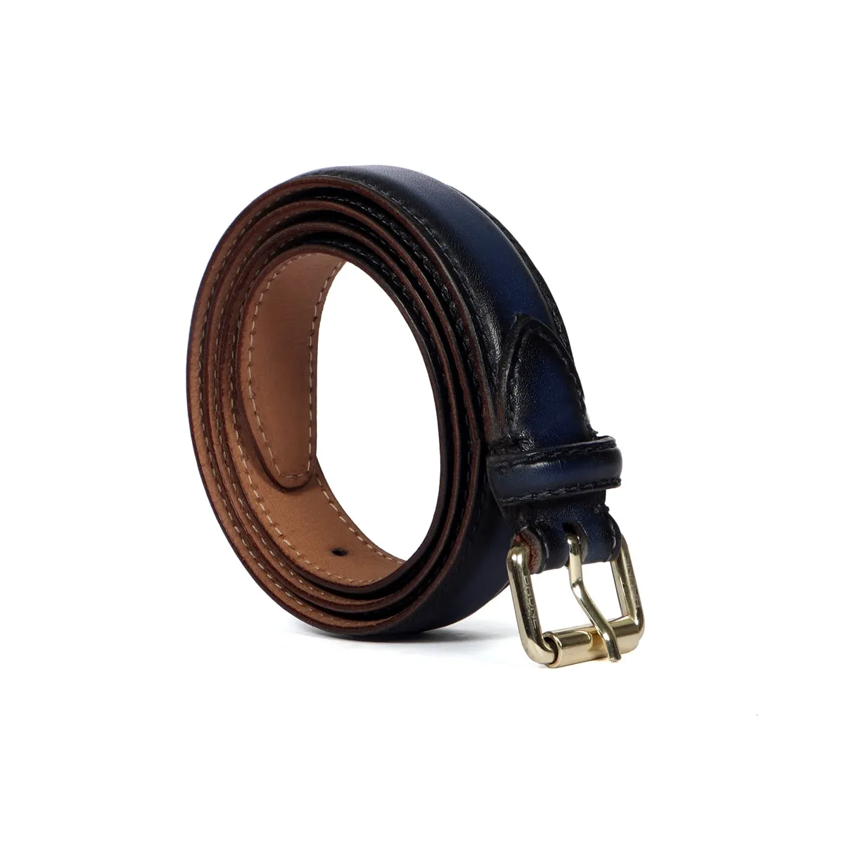 Antique Look Golden Buckle Ladies Belt In Blue Leather
