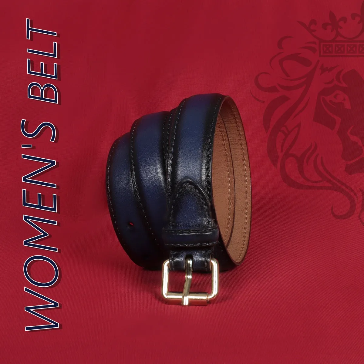 Antique Look Golden Buckle Ladies Belt In Blue Leather
