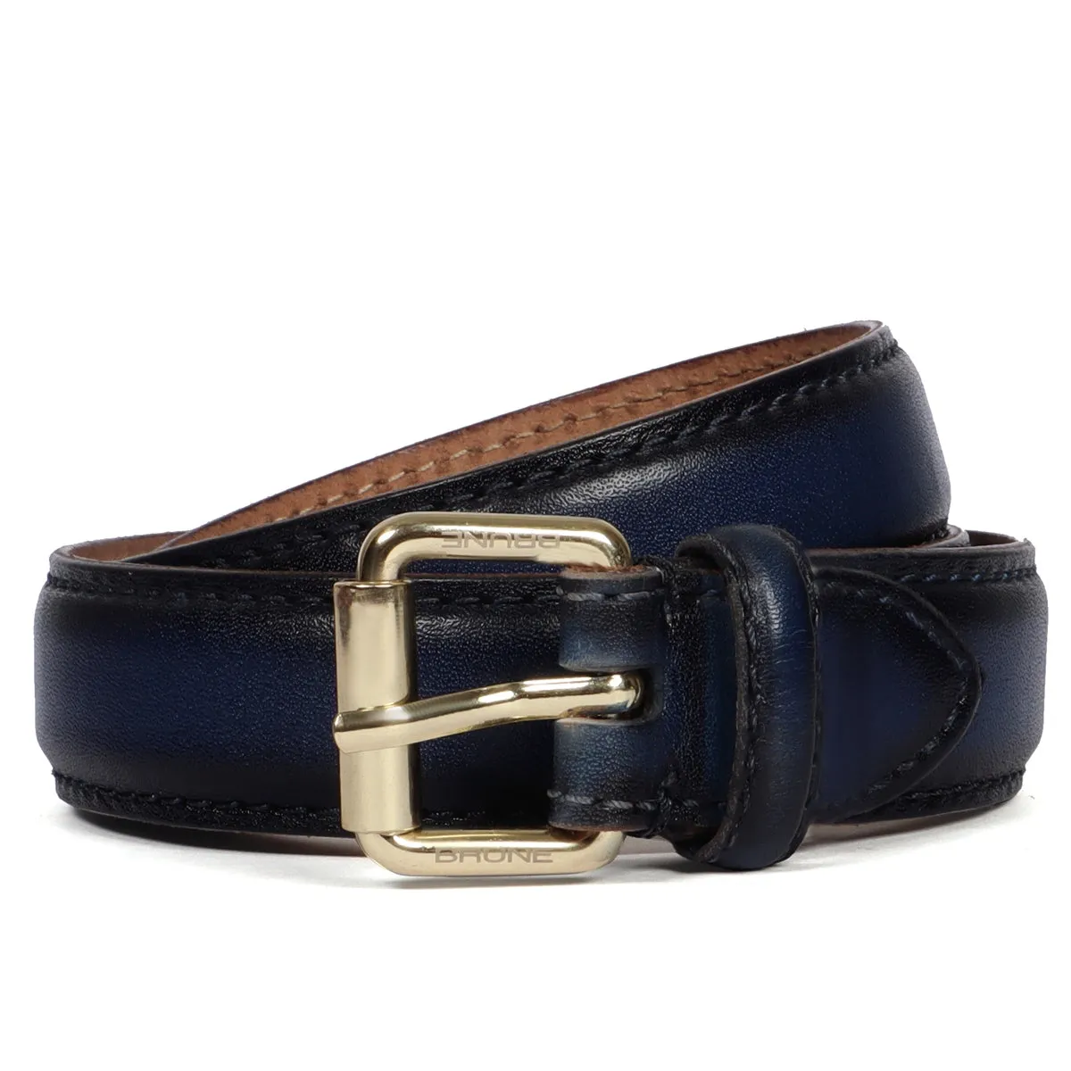 Antique Look Golden Buckle Ladies Belt In Blue Leather