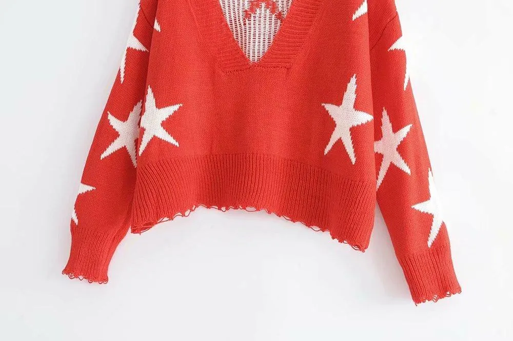 Autumn Long Sleeve Deep V Neck Star Tassels Sweater