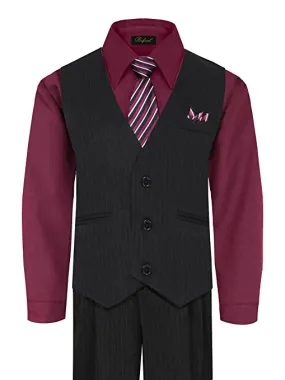 Boys Vest Pants Pinstriped 5 Piece Set With Shirt And Tie -Burgundy