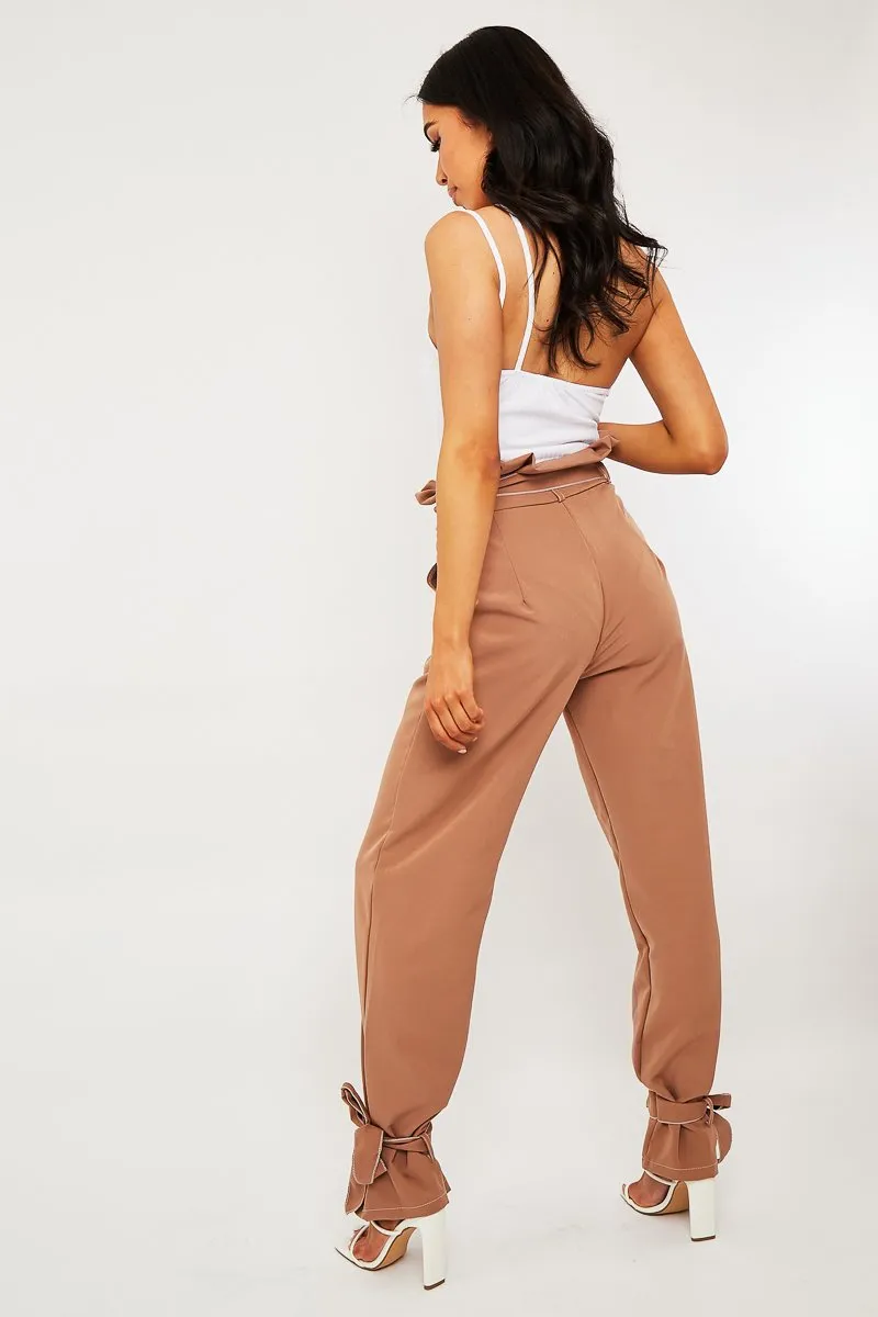 Camel Contrast Stitch Ankle Tie Trousers - Neyla