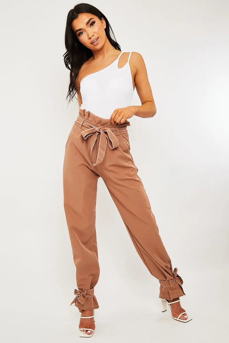 Camel Contrast Stitch Ankle Tie Trousers - Neyla