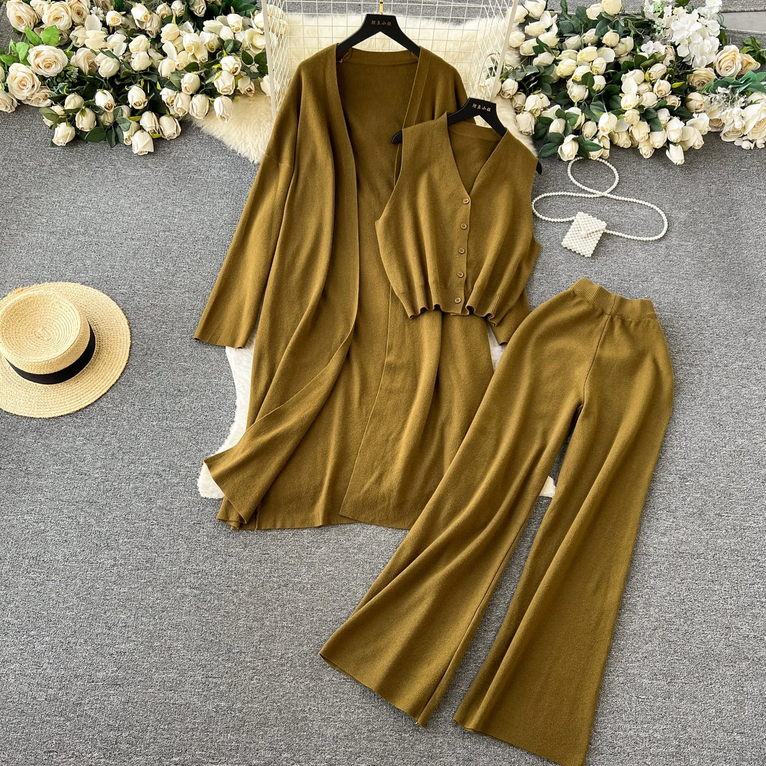 Cardigan&Vest&Trousers Knitted 3Pcs
