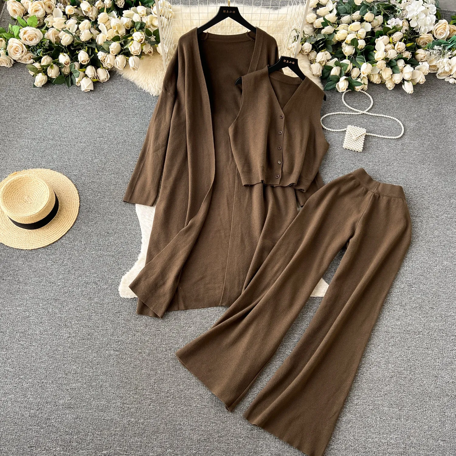 Cardigan&Vest&Trousers Knitted 3Pcs