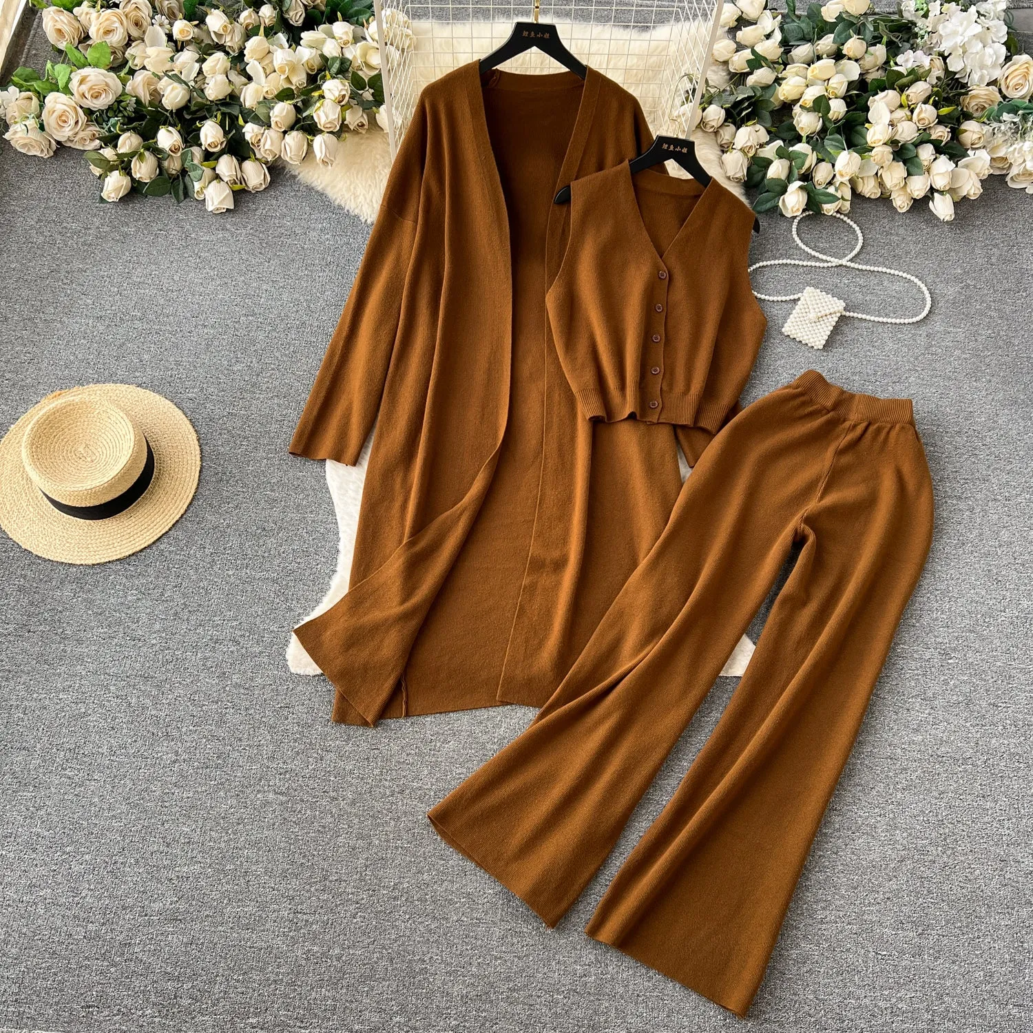 Cardigan&Vest&Trousers Knitted 3Pcs