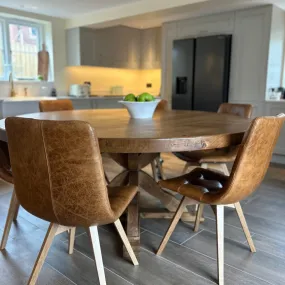 Chunky Thick Solid Oak Round Dining table with Wooden central leg
