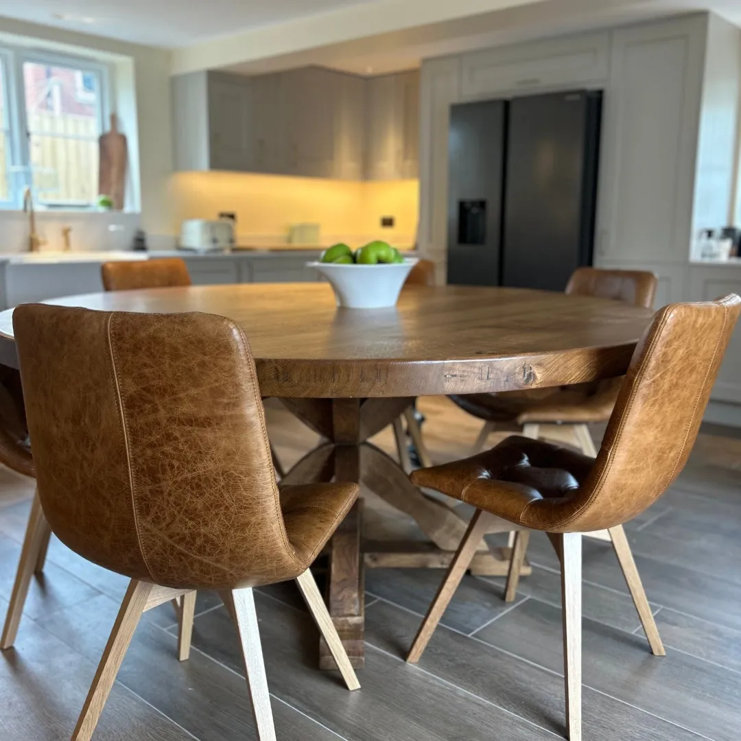 Chunky Thick Solid Oak Round Dining table with Wooden central leg