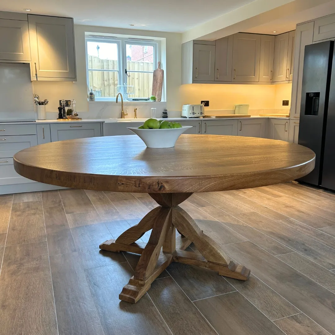 Chunky Thick Solid Oak Round Dining table with Wooden central leg