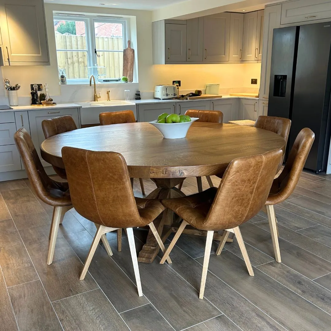 Chunky Thick Solid Oak Round Dining table with Wooden central leg