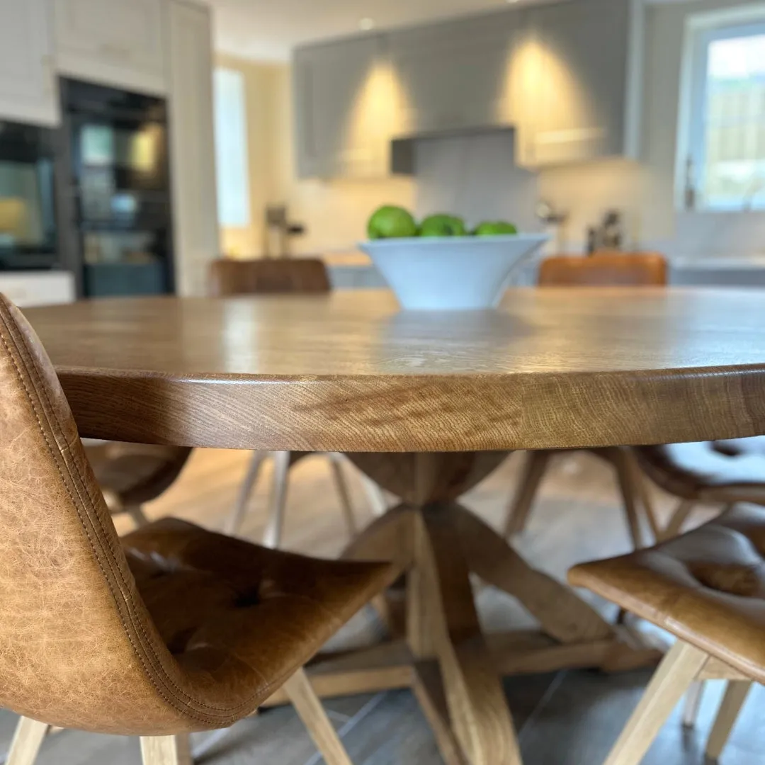 Chunky Thick Solid Oak Round Dining table with Wooden central leg