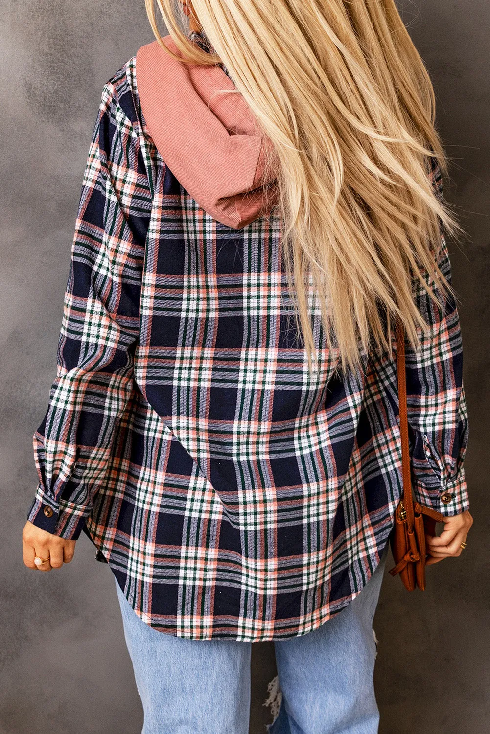 Cotton Blend Pink Contrast Hooded Drawstring Plaid Shacket