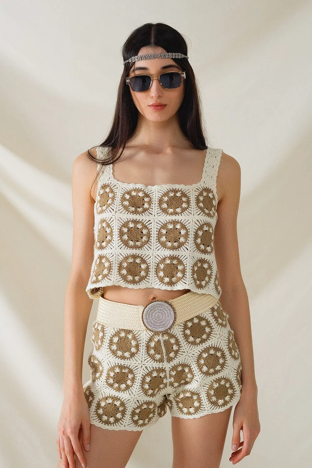 Crochet Crop Top With Circle Pattern In Beige