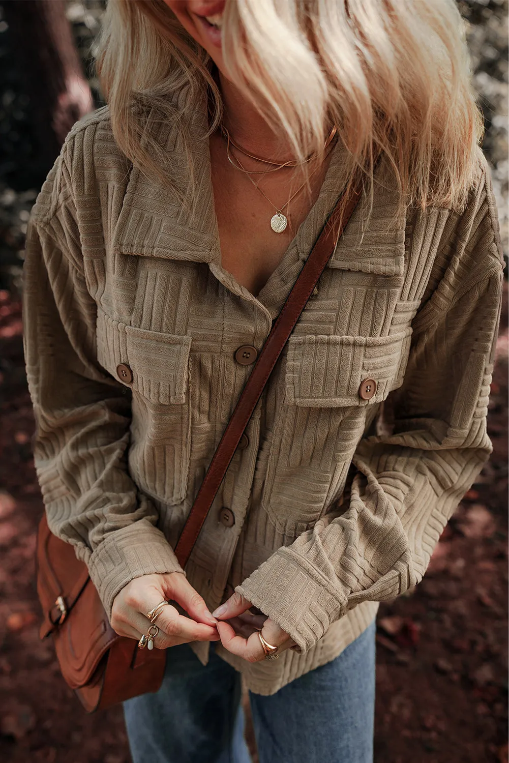 Dark Khaki Textured Chest Pocket Button-up Shacket