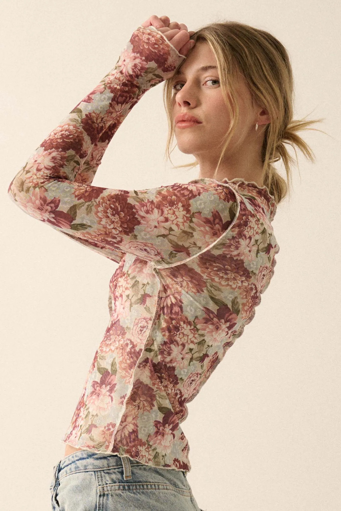 Delicate Blooms Floral Mesh Exposed-Seam Top
