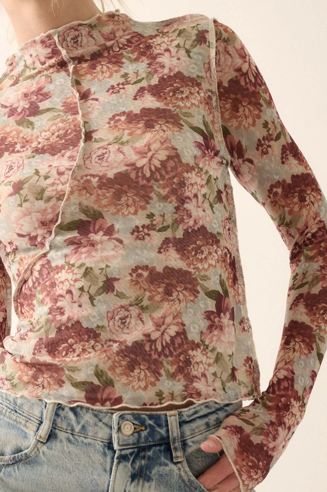 Delicate Blooms Floral Mesh Exposed-Seam Top