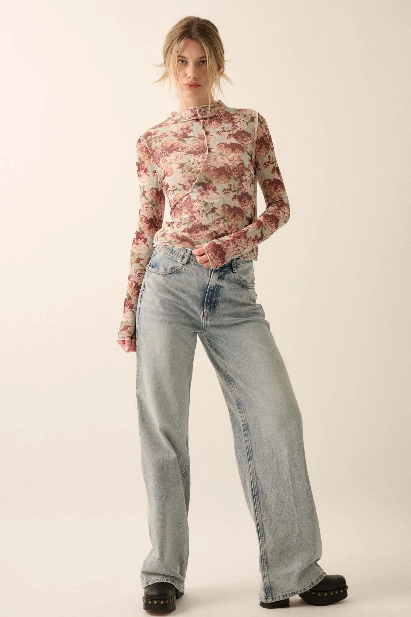 Delicate Blooms Floral Mesh Exposed-Seam Top