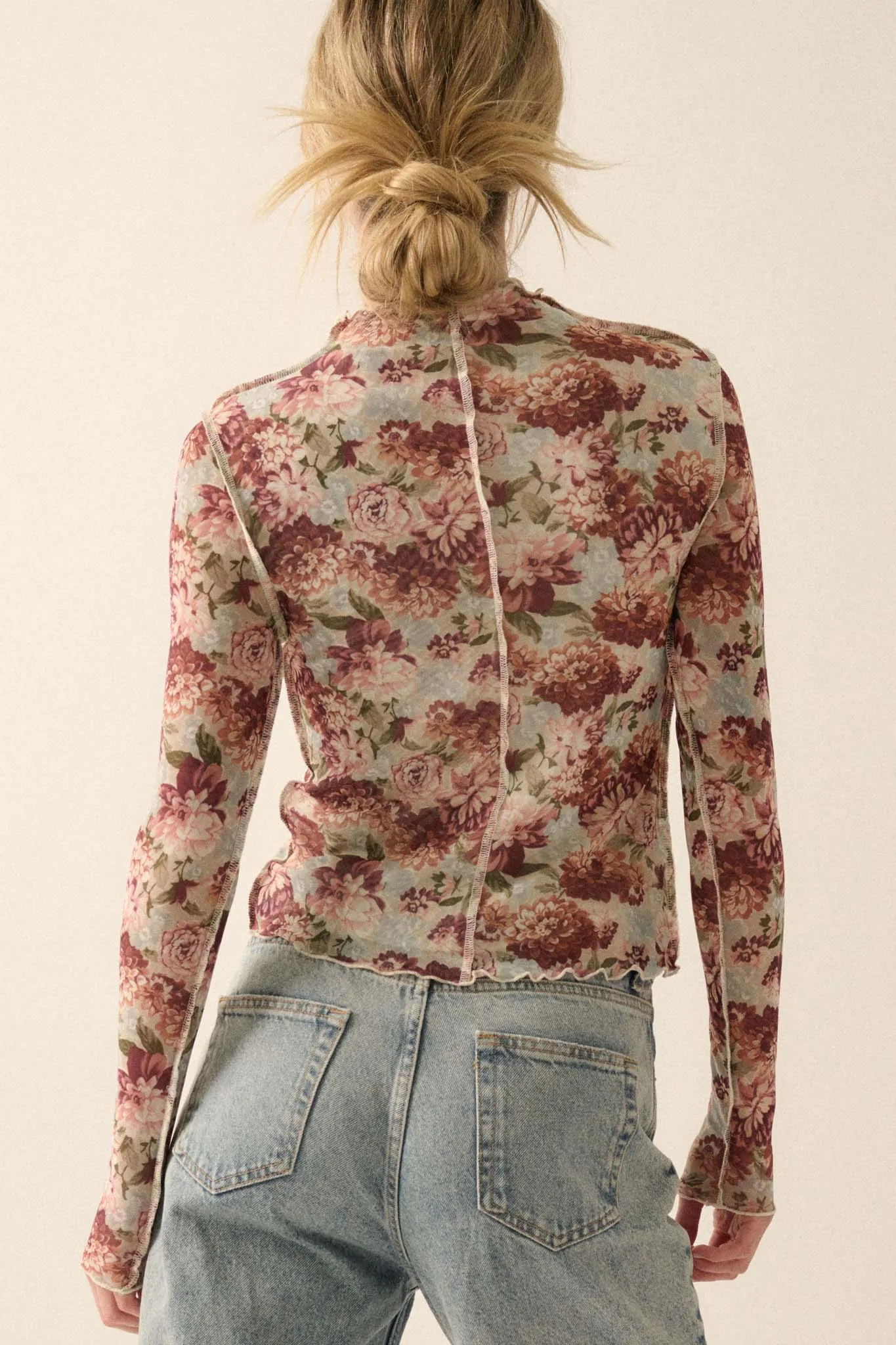 Delicate Blooms Floral Mesh Exposed-Seam Top