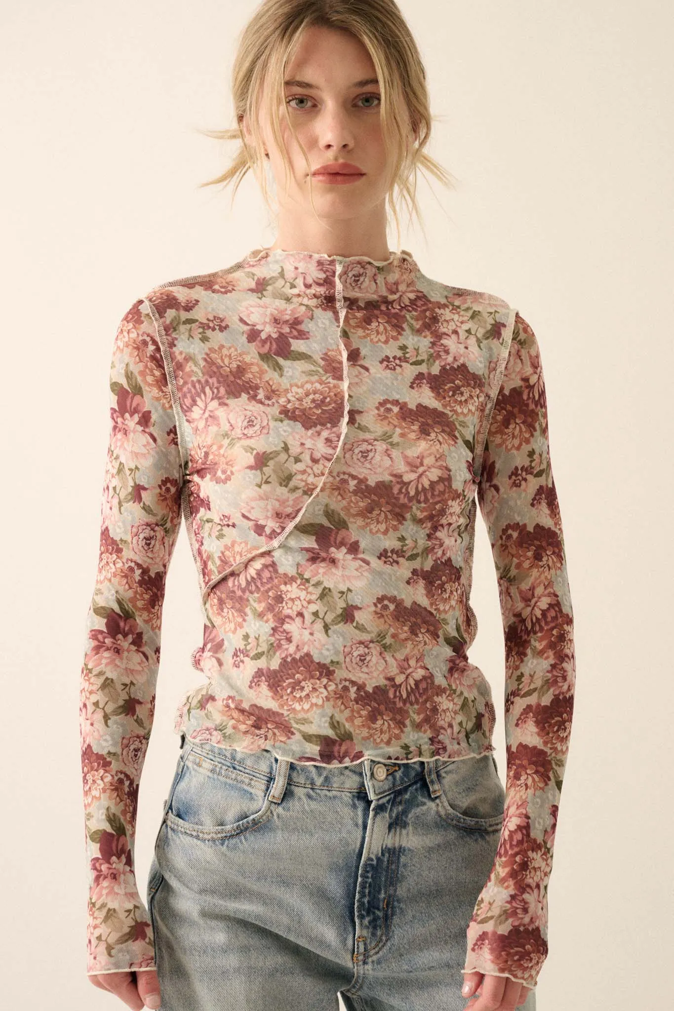 Delicate Blooms Floral Mesh Exposed-Seam Top