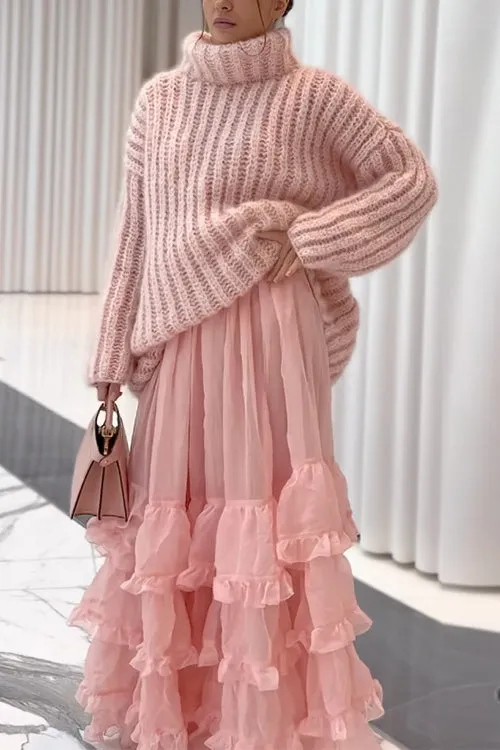 Febedress Turtleneck Drop Shoulder Fluffy Pullover Sweater