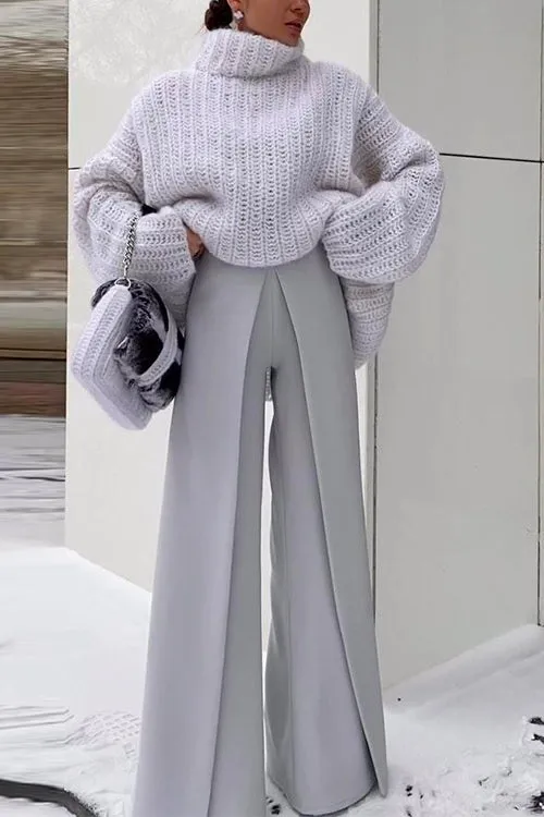 Febedress Turtleneck Drop Shoulder Fluffy Pullover Sweater
