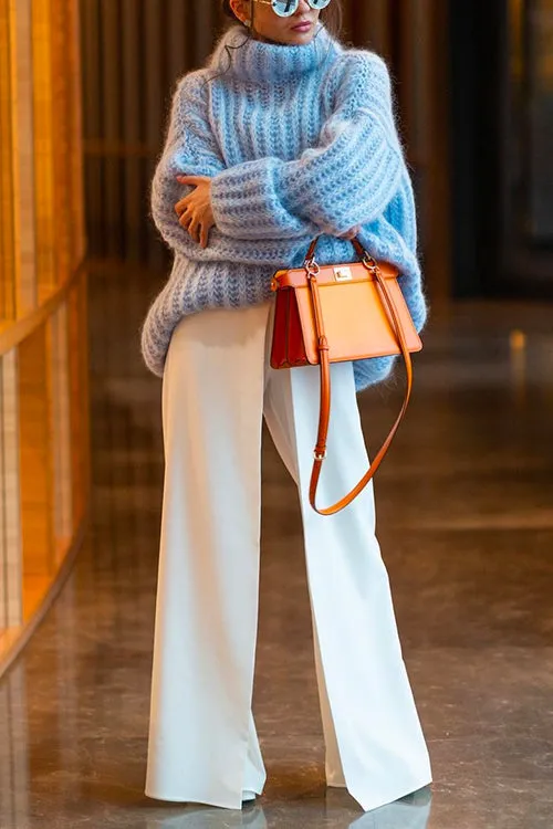 Febedress Turtleneck Drop Shoulder Fluffy Pullover Sweater