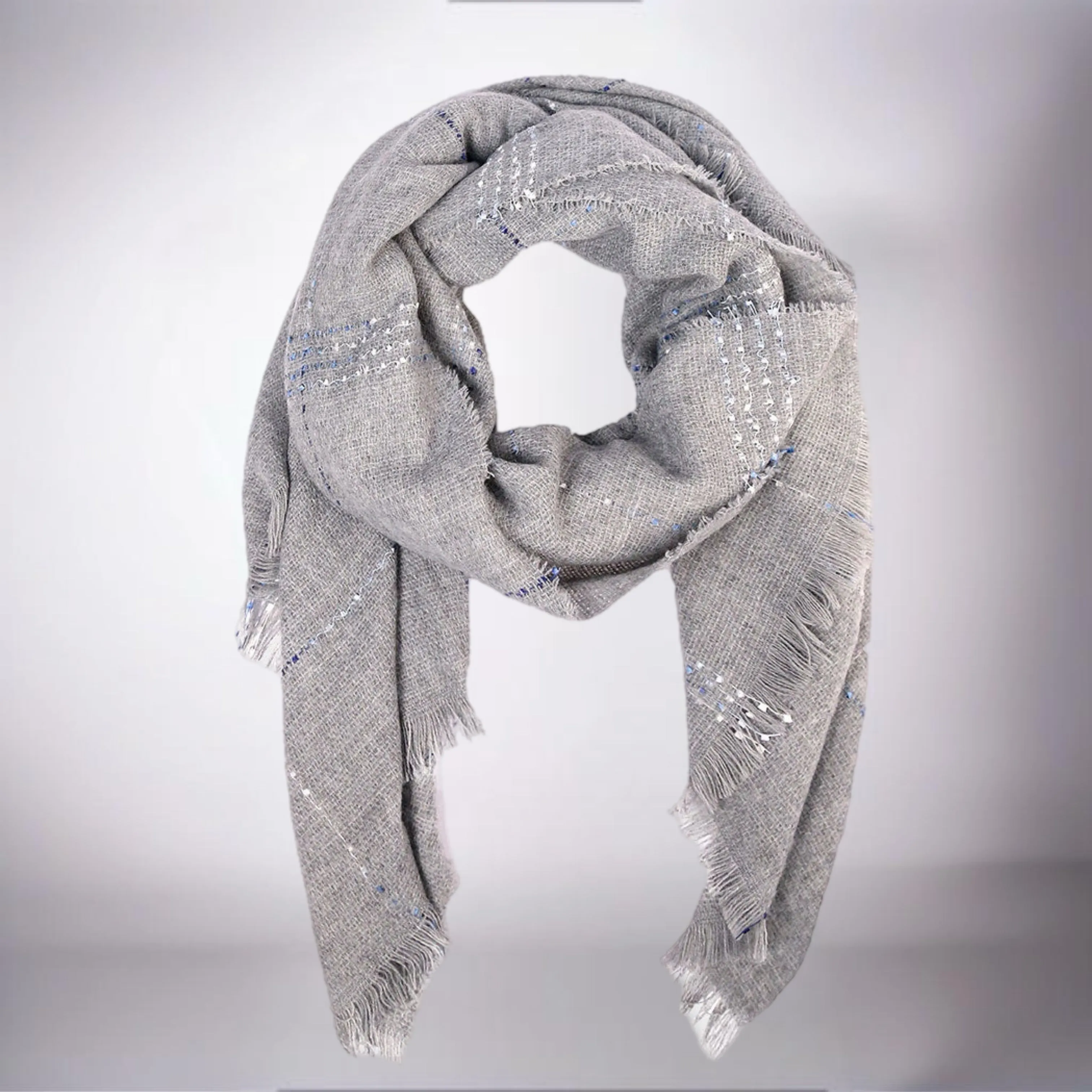 Gray Plaid Frayed Edge Scarf
