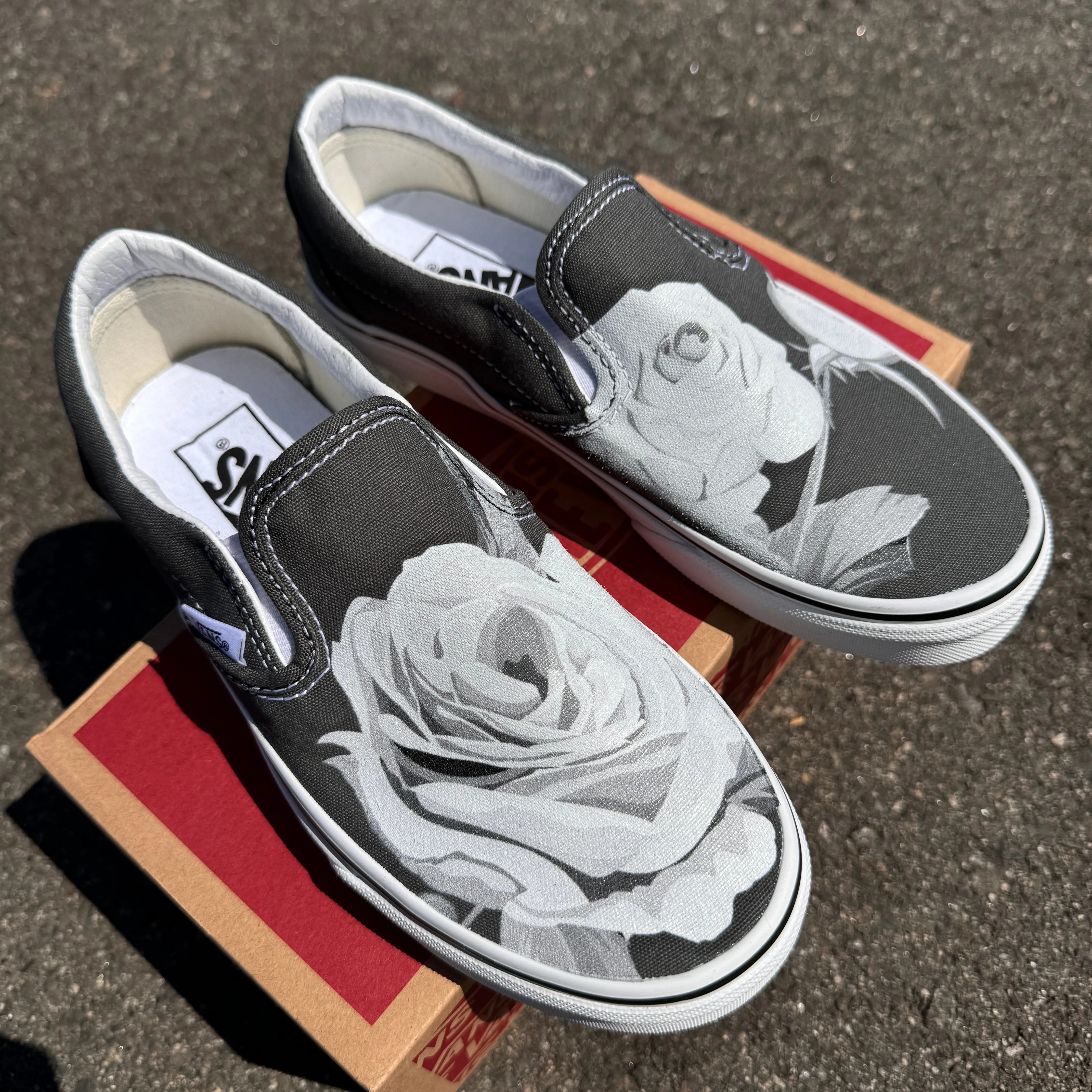 Greyscale Rose on Custom Charcoal Slip On Vans Shoes for Women and Men