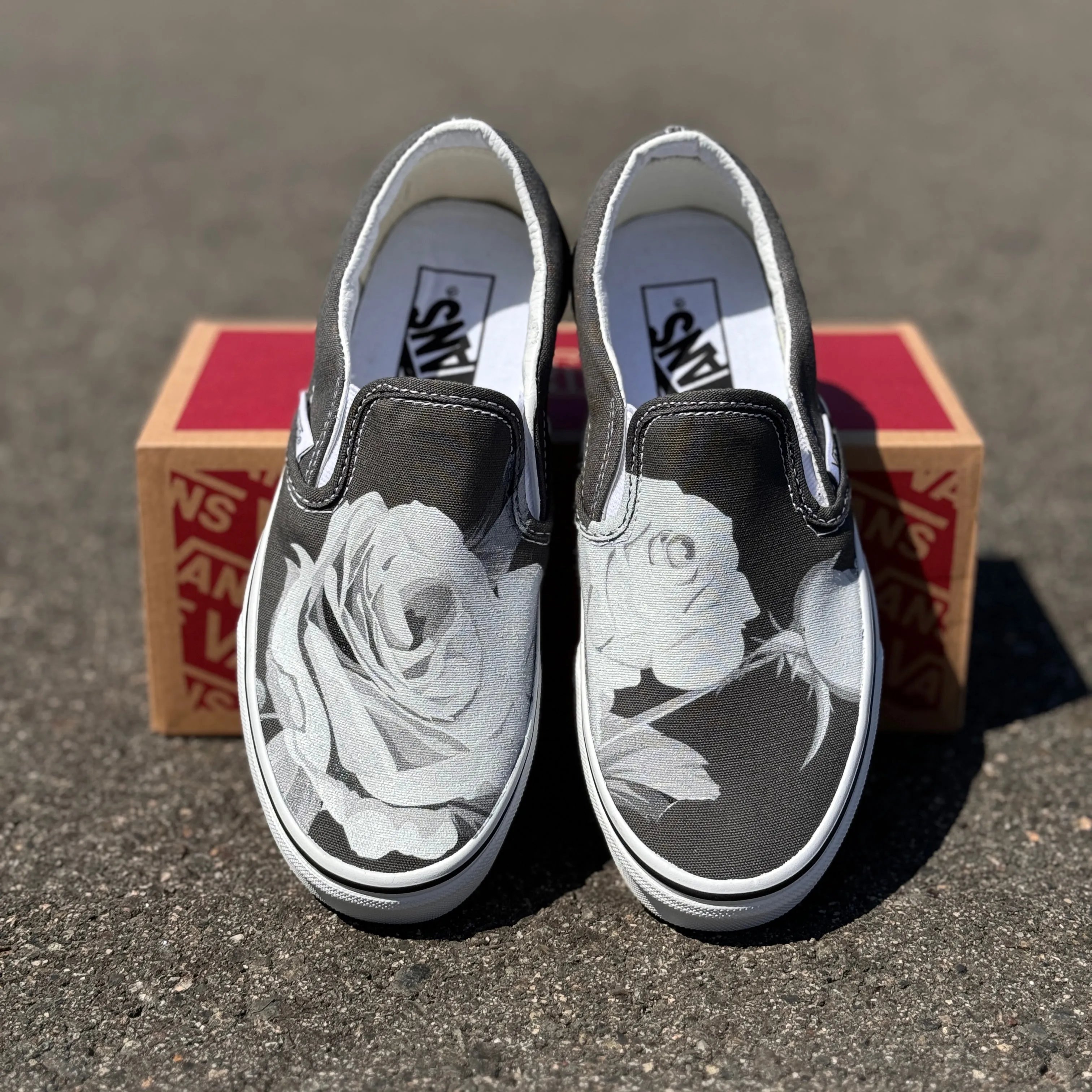 Greyscale Rose on Custom Charcoal Slip On Vans Shoes for Women and Men