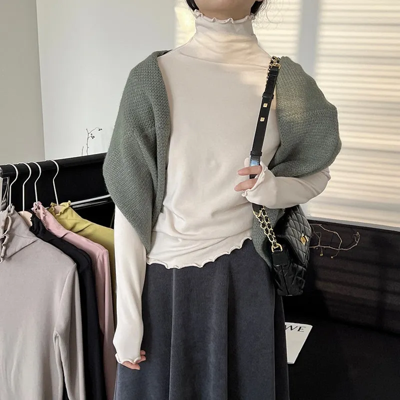 [Korean Style] Basic Slim Fit Solid Color Lettuce Edge Turtleneck Top