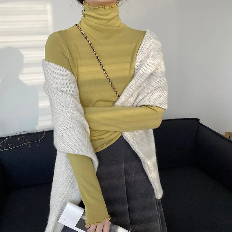 [Korean Style] Basic Slim Fit Solid Color Lettuce Edge Turtleneck Top