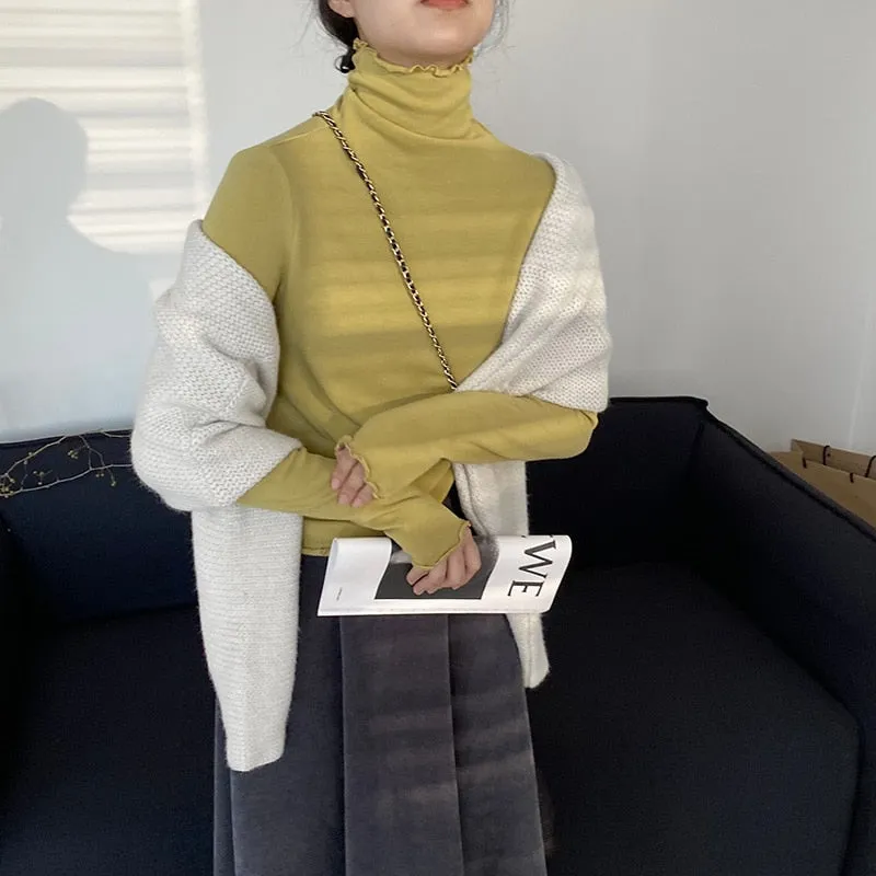 [Korean Style] Basic Slim Fit Solid Color Lettuce Edge Turtleneck Top