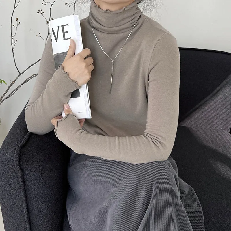 [Korean Style] Basic Slim Fit Solid Color Lettuce Edge Turtleneck Top