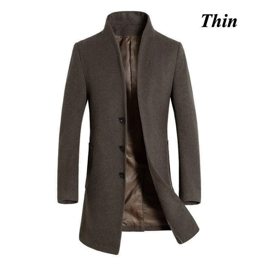 Letskeep New Winter Woolen Long Peacoat Men Slim Fit Casual Thick Overcoat Mens Warm Windbreaker Trench Coat Jackets, MA209