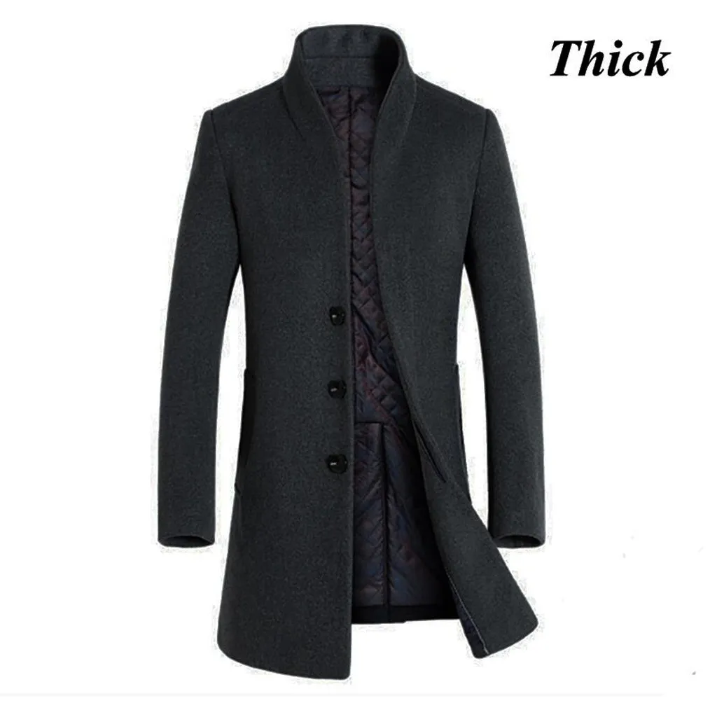 Letskeep New Winter Woolen Long Peacoat Men Slim Fit Casual Thick Overcoat Mens Warm Windbreaker Trench Coat Jackets, MA209
