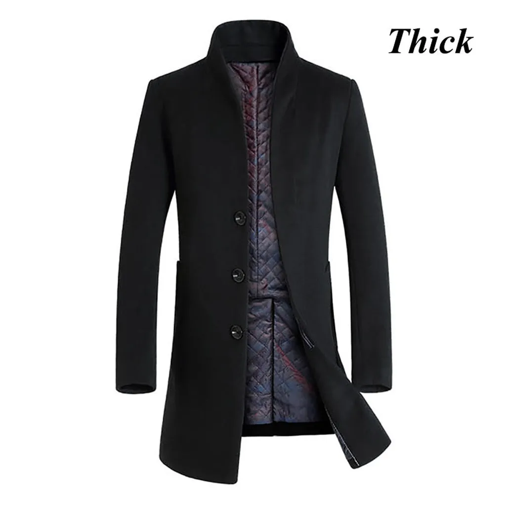 Letskeep New Winter Woolen Long Peacoat Men Slim Fit Casual Thick Overcoat Mens Warm Windbreaker Trench Coat Jackets, MA209