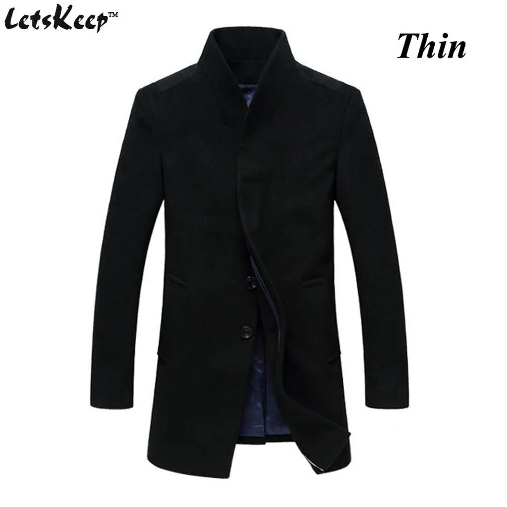 Letskeep New Winter Woolen Long Peacoat Men Slim Fit Casual Thick Overcoat Mens Warm Windbreaker Trench Coat Jackets, MA209