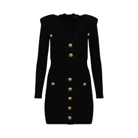 Long Sleeve Buttoned Knit Dress in Black