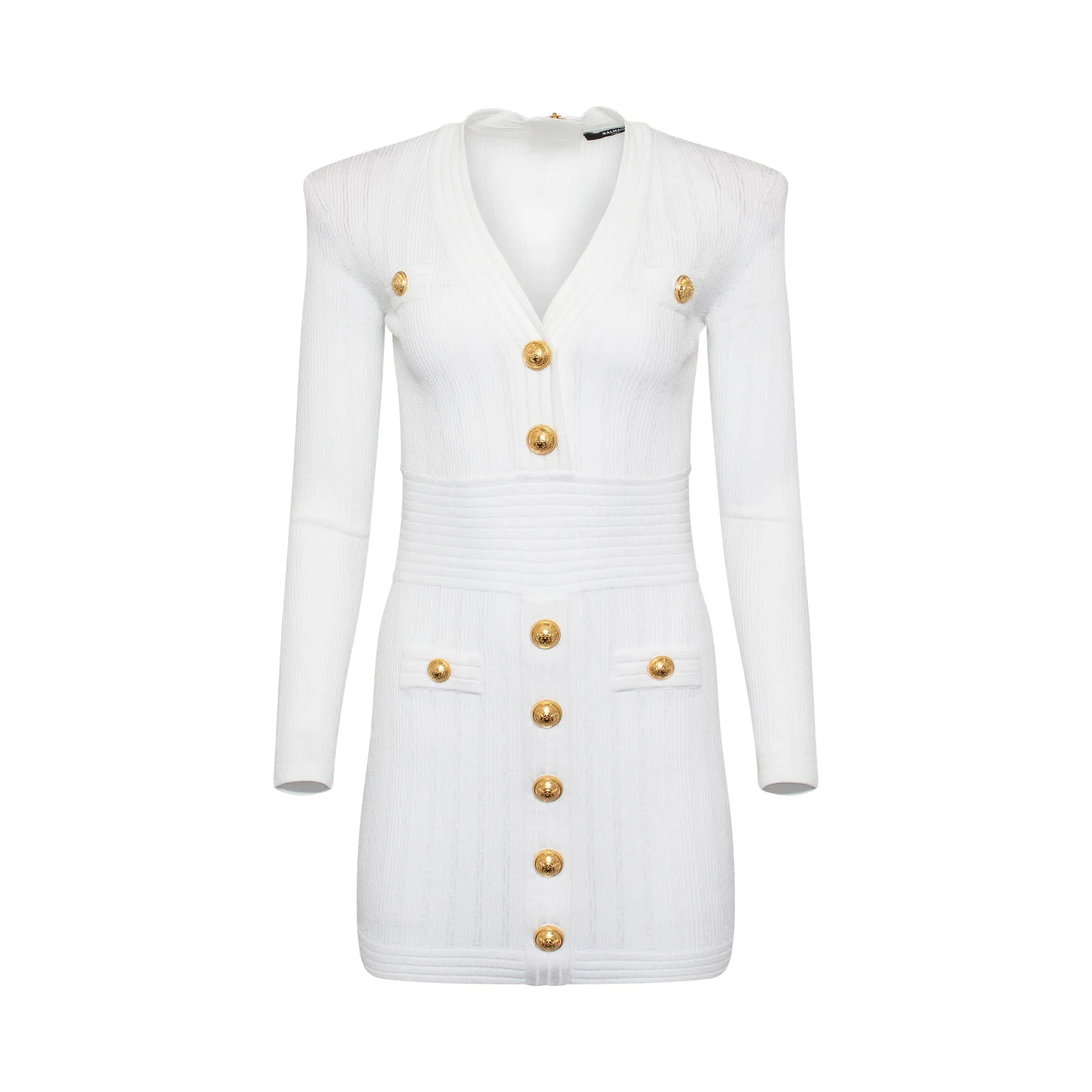 Long Sleeve Buttoned Knit Dress in White