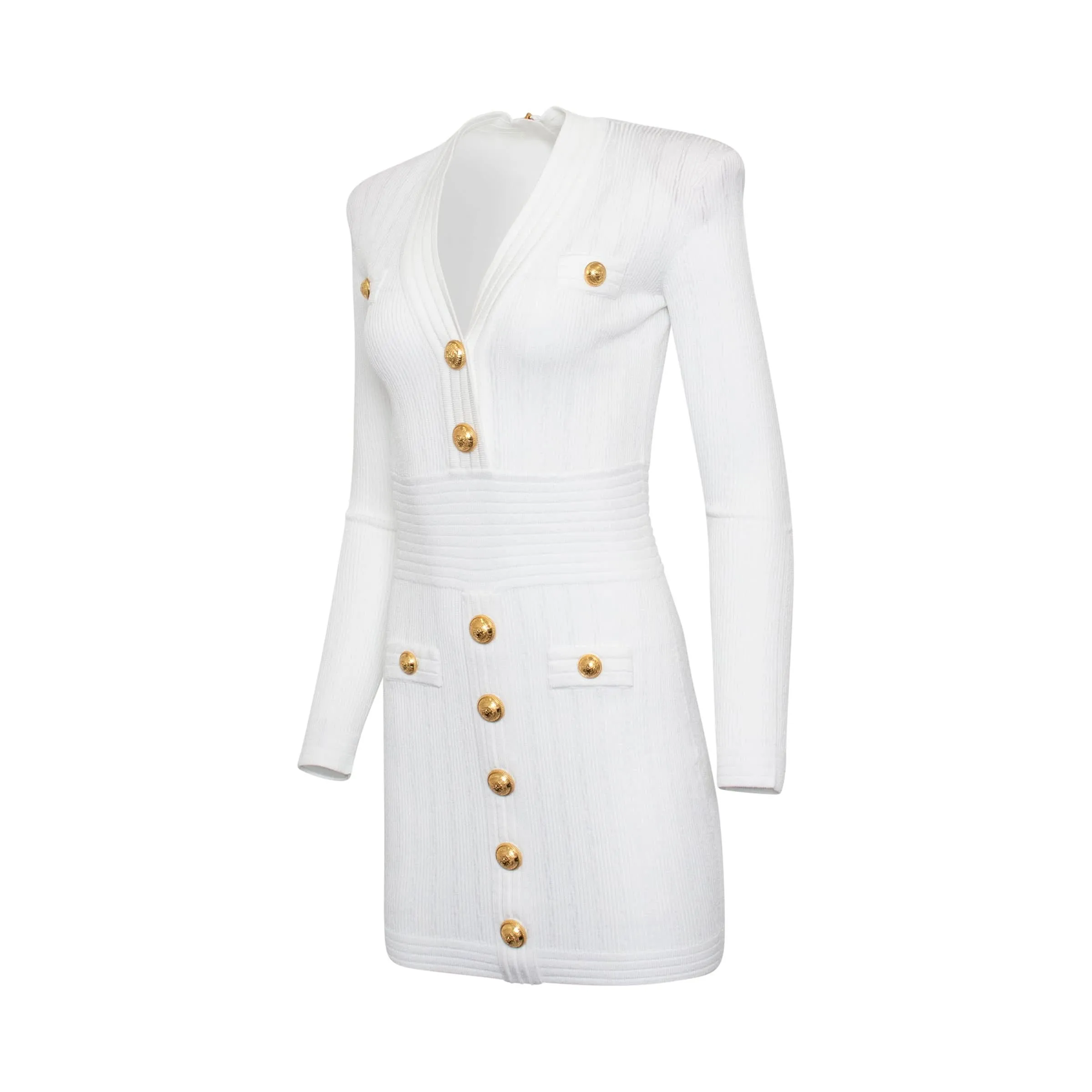 Long Sleeve Buttoned Knit Dress in White