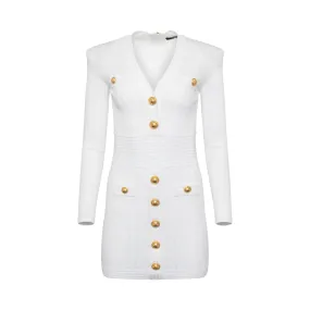 Long Sleeve Buttoned Knit Dress in White