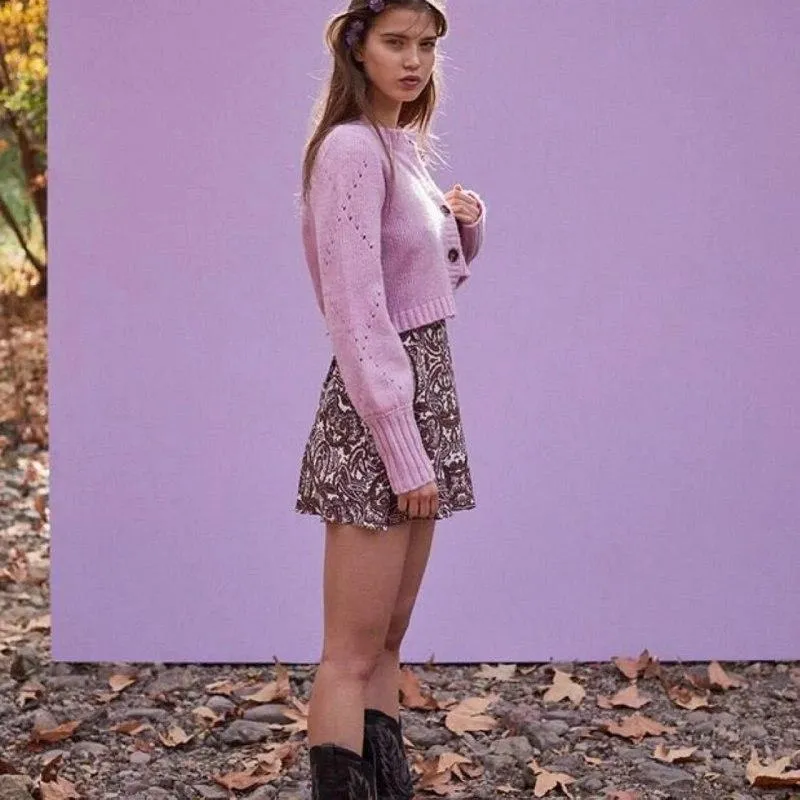 Lose Long Sleeve Solid Color Hollow Out Knit Short Cardigan Sweater Outwear