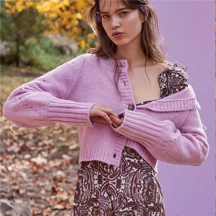 Lose Long Sleeve Solid Color Hollow Out Knit Short Cardigan Sweater Outwear