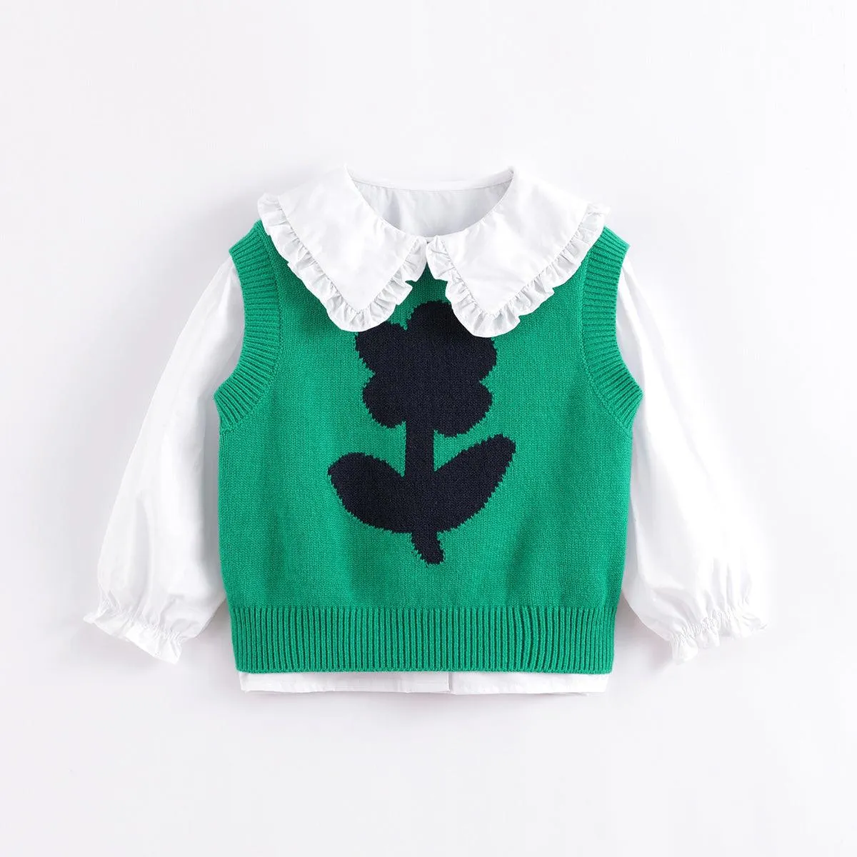 MARC & JANIE Girls Color Block Floral Crewneck Knit Vest 230123
